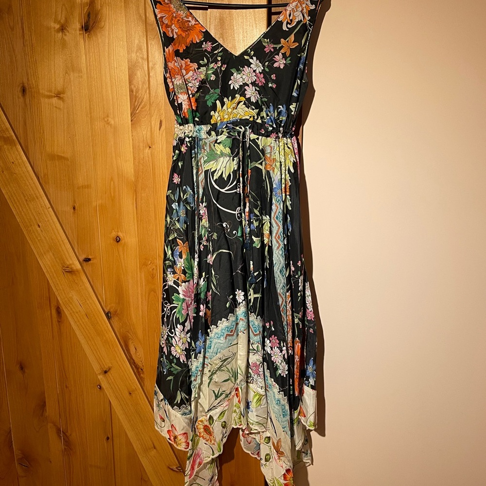 💐Johnny Was XS Meru Floral Print Sleeveless Handkerchief Silk Dress BEAUTIFUL🌹